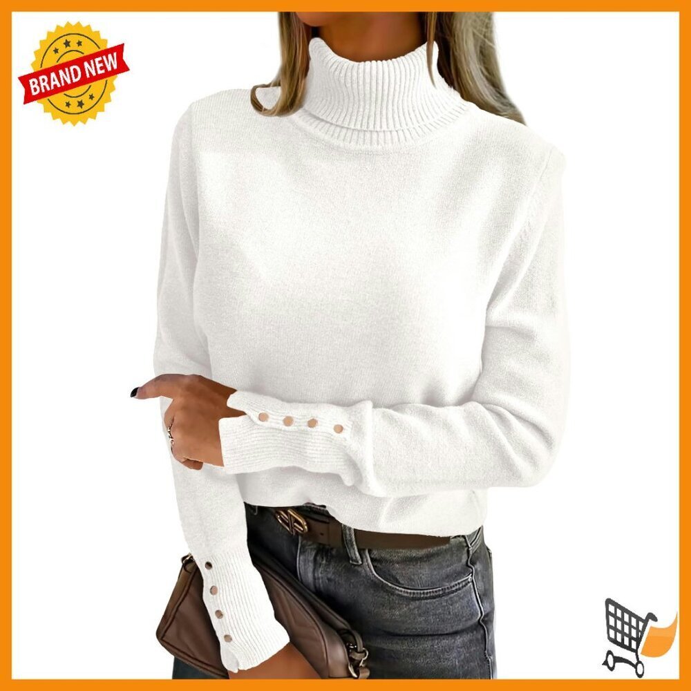 Soft Turtleneck Pullover Sweater, Long Sleeve Button Cuff, Fall Winter Top